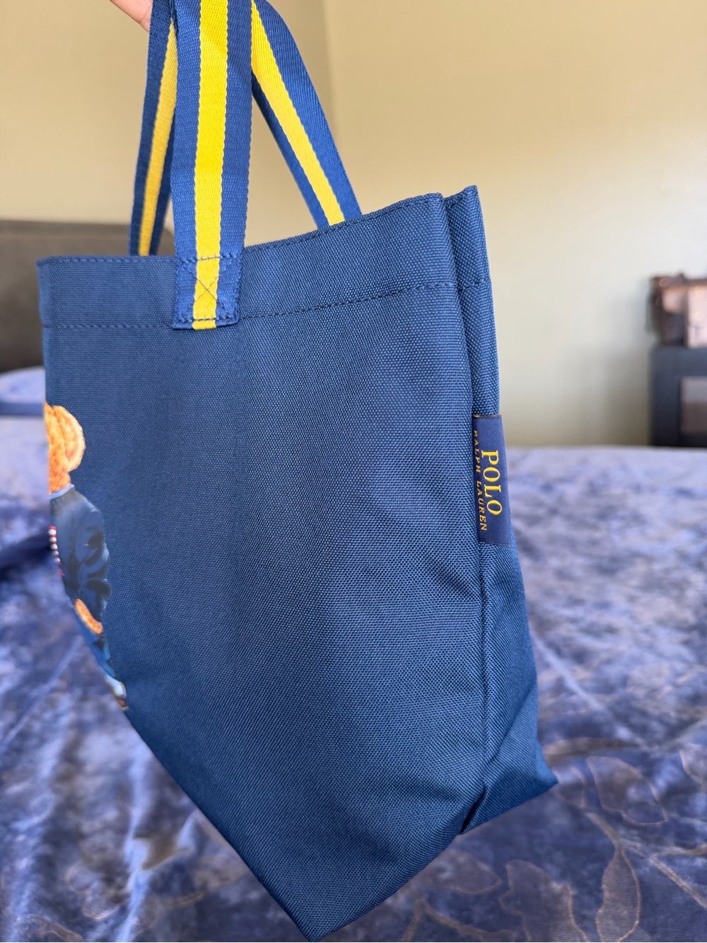 Polo by Ralph Lauren Navy Tote with Yellow-Striped Handles and Bear Graphic - Picture 7 of 16